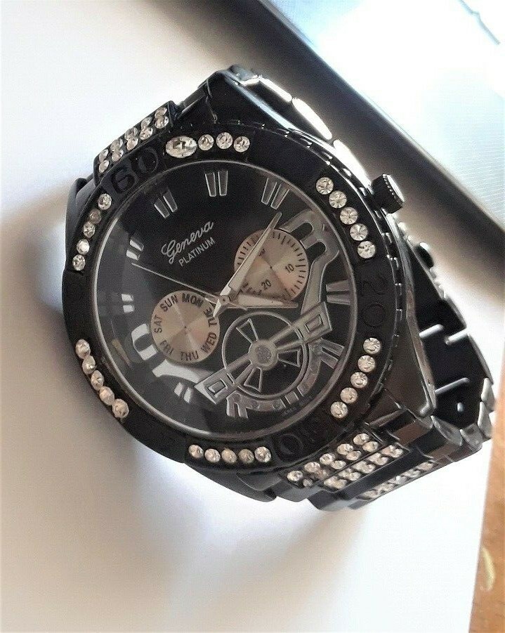 1.75 Black Oversize Chunky Hip Hop Crystal Geneva Wrist Watch Band Bracelet LInk
