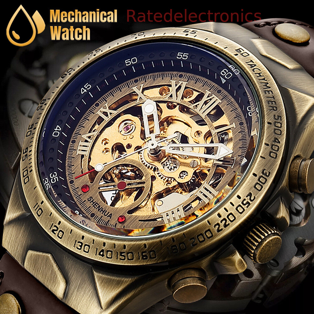 Luxury Men’s Automatic Mechanical Wrist Watch Leather Strap Retro Skeleton Style