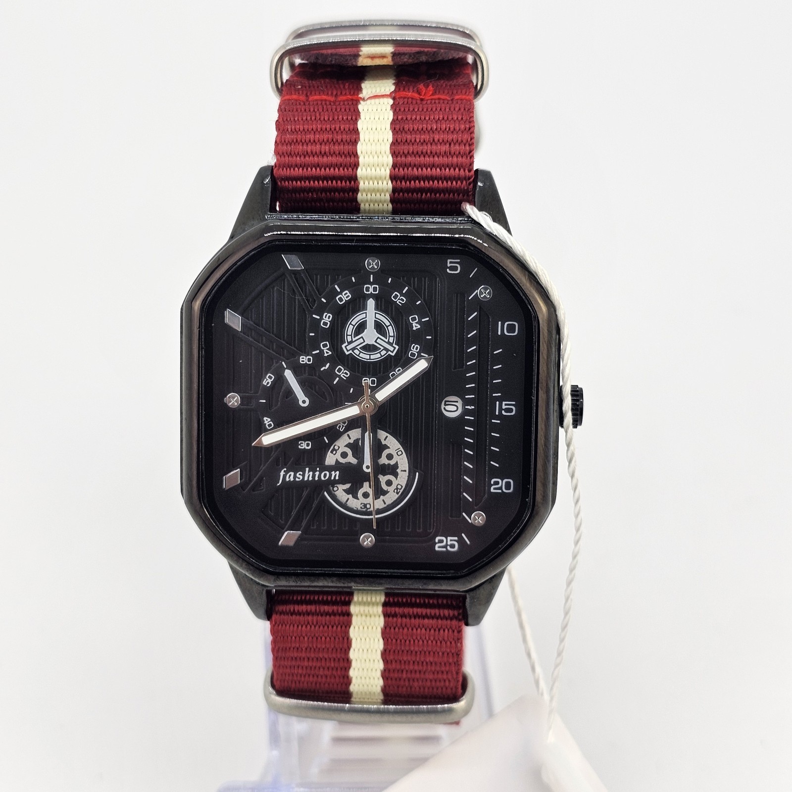 42MM Watch Men Black Dial Date Indicator Red Cream Canvas Band New Battery
