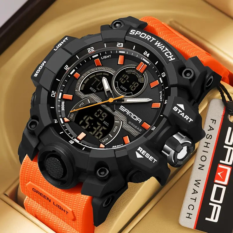 Orange Men Luxury Sports Watch Dual Display Waterproof Quartz Movement Stopwatch
