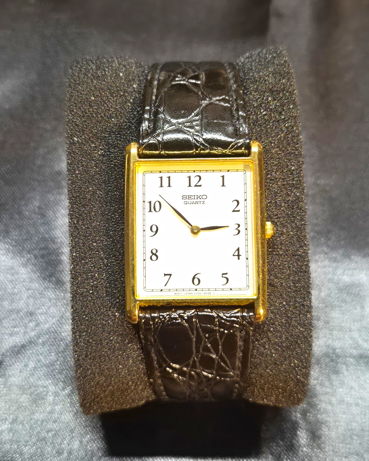 Seiko Quartz Rectangle Dress Watch 26.8mm White Dial Black Leather Strap