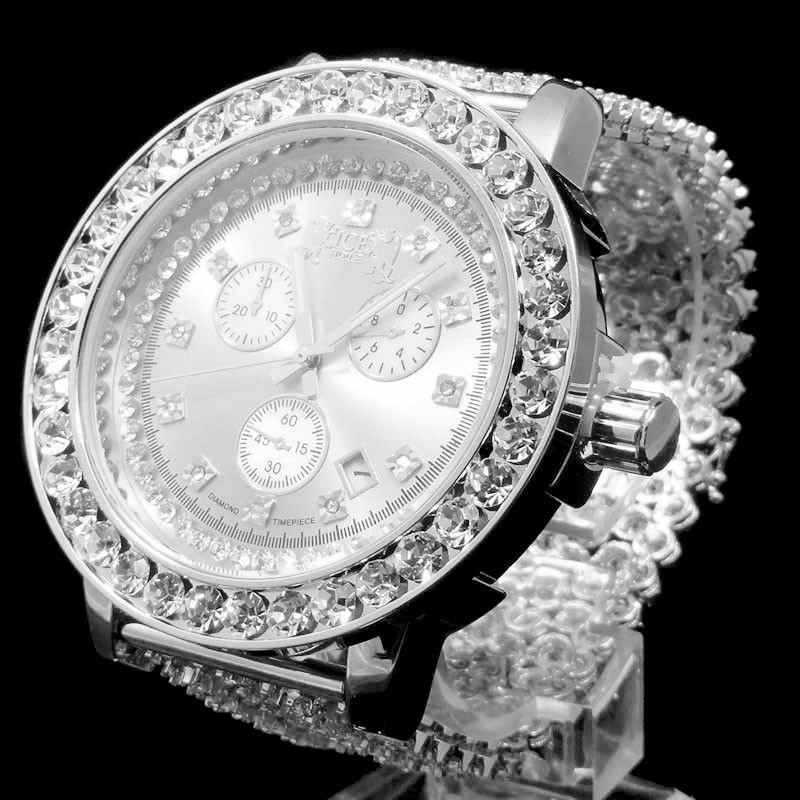 Celebrity Style Full New White Gold Tone Big Stone Bezel XL Men’s Watch