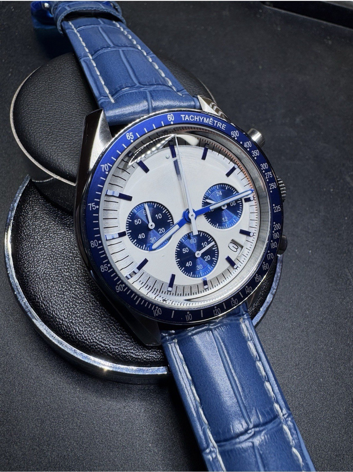 Blue Tachymeter Chronograph With S Logo White Dial watch on a Blue Leather Strap