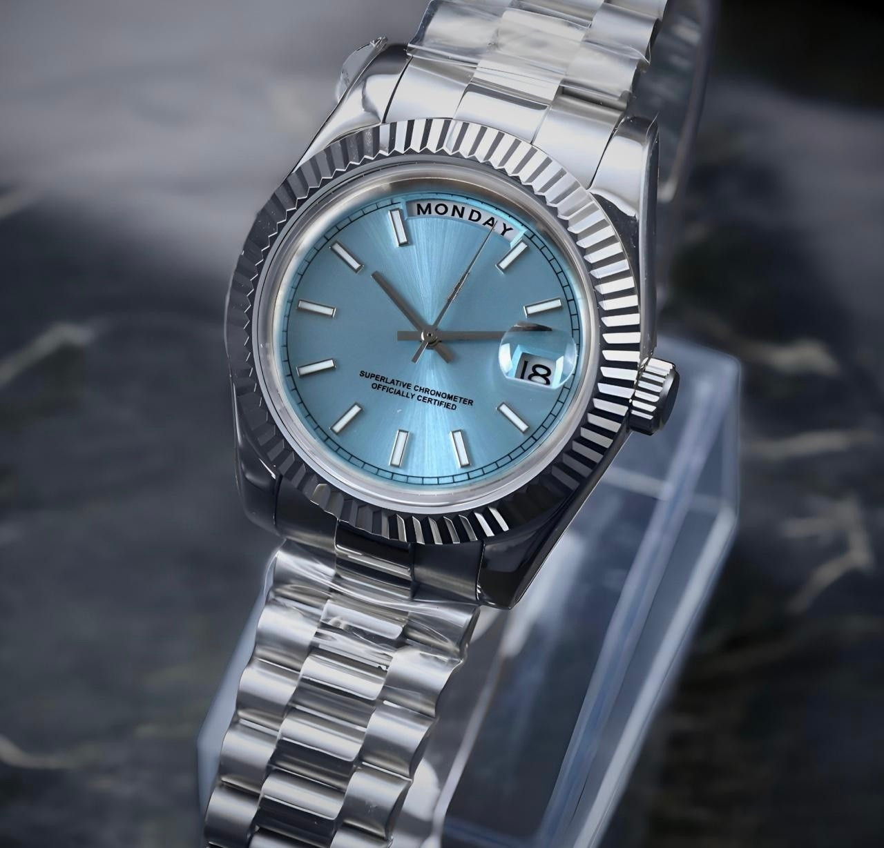 Custom Built – Ice Blue Day-Date Style NH35 Japanese Movement Fluted Watch