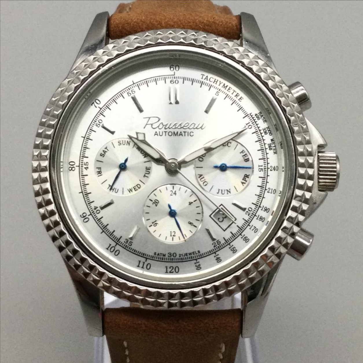 Rousseau Mens Watch 40mm Silver Tone Brown Leather Day Date Month Automatic
