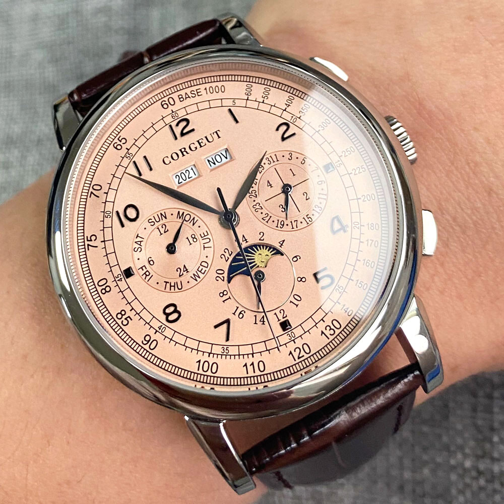 42mm Corgeut Pink Dial Day Night Multifunction Sea-gull Automatic Mens Watch