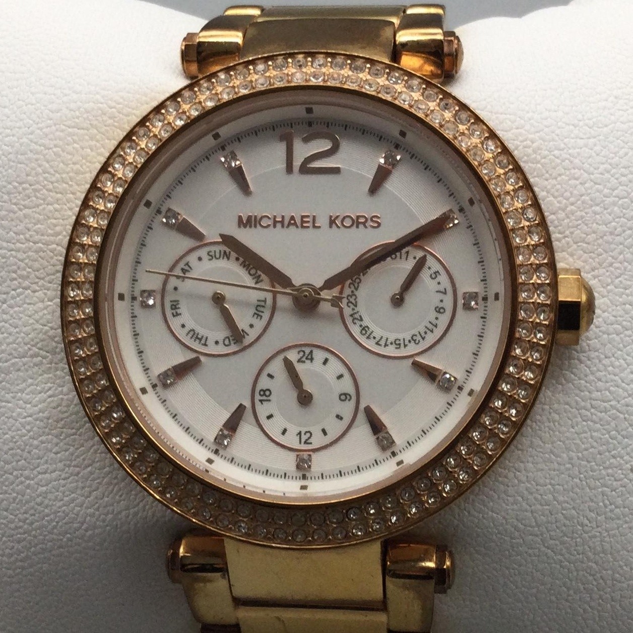 Michael Kors Parker Womens Watch 33mm Crystals Rose Gold Tone New Battery 6″