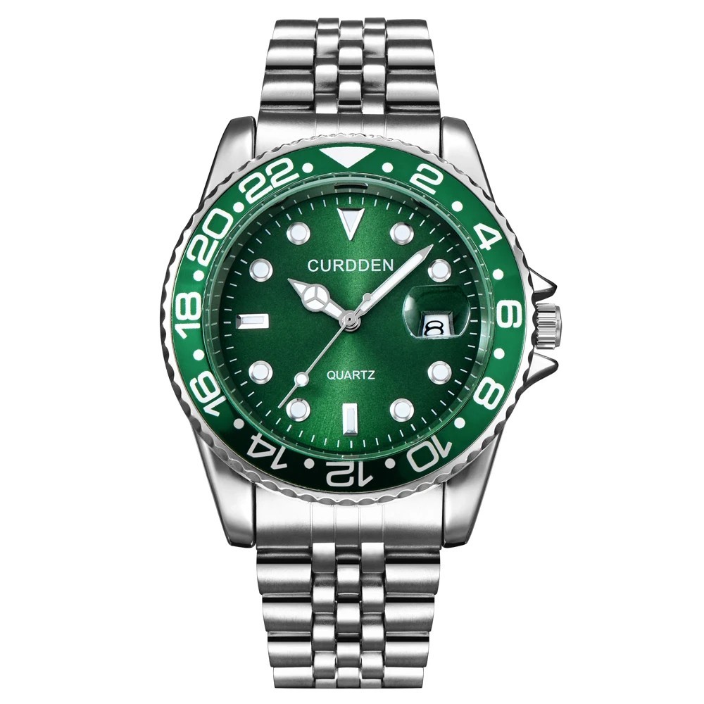 Men’s Green Dial Quartz Wristwatch Stainless Steel Band Casual Fashion