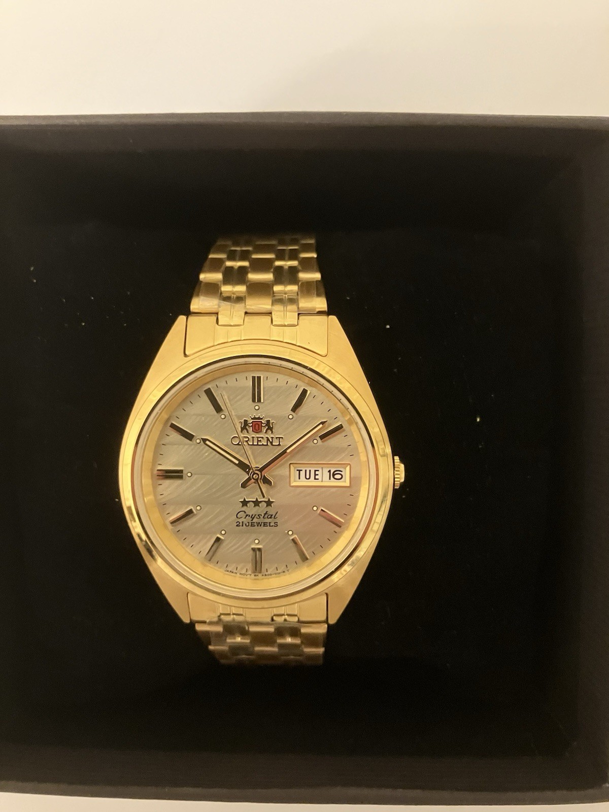Orient Automatic TriStar Day-Date, New In Box, Champagne Gold Tone