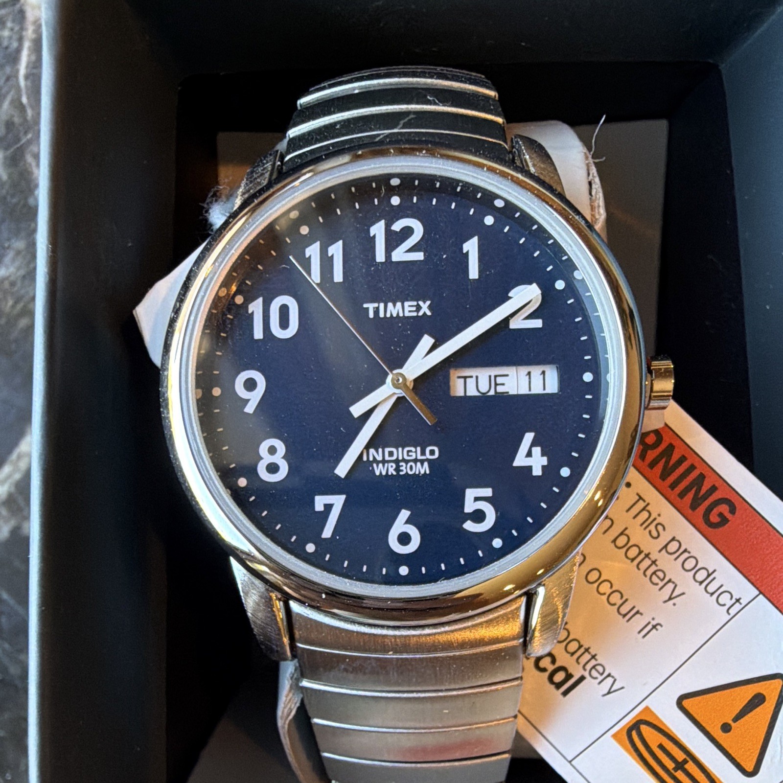 Men’s Timex Indiglo Easy Reader Stretch Band Silver With Blue Face