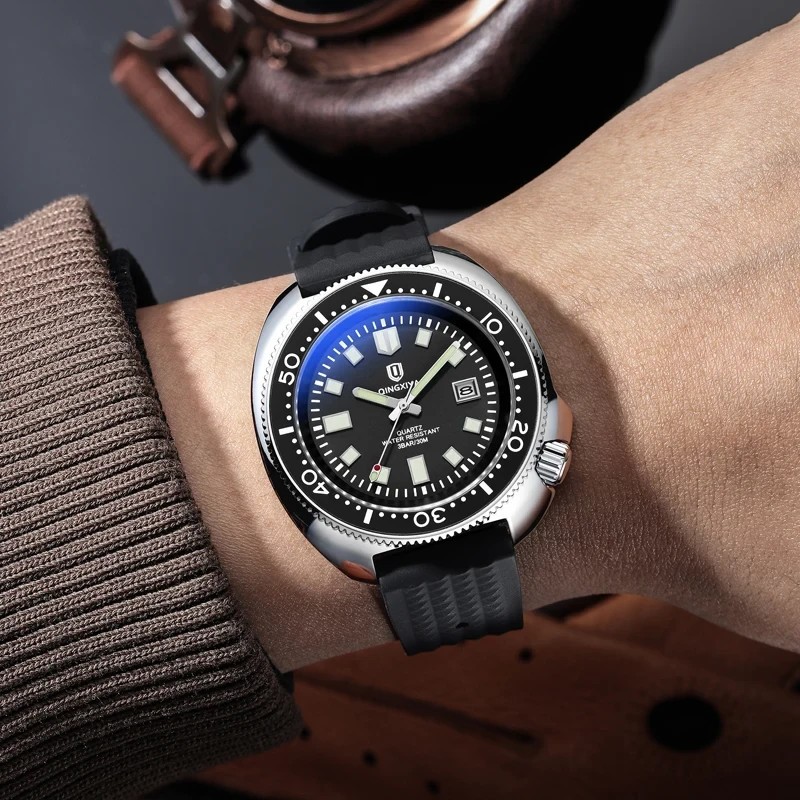 44MM QINGXIYA Tuna Quartz Men’s Watch Silicone 30M Waterproof Date Luminous NEW