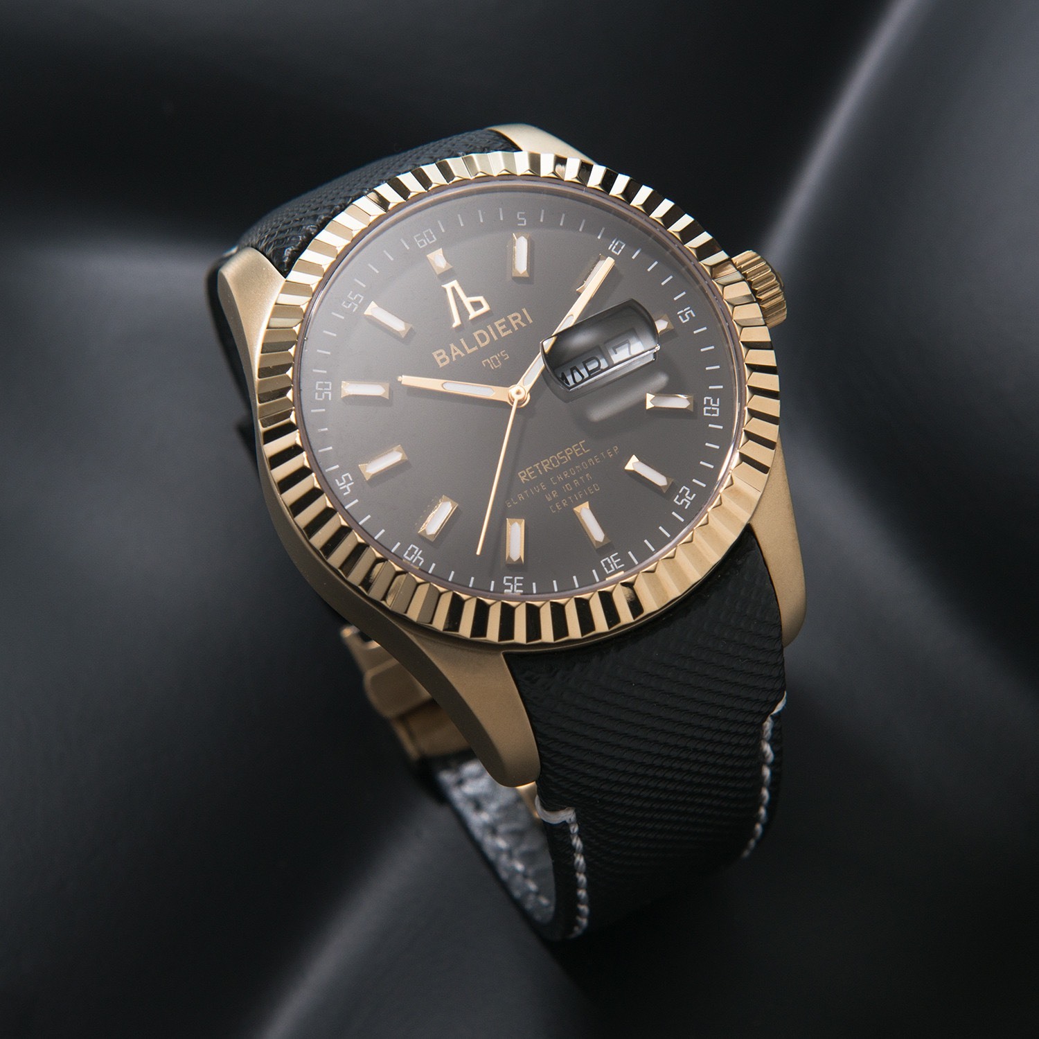 LUXURY WATCH ALESSANDRO BALDIERI SWISS 45MM GOLD PLATED, BLACK DIAL .NEW