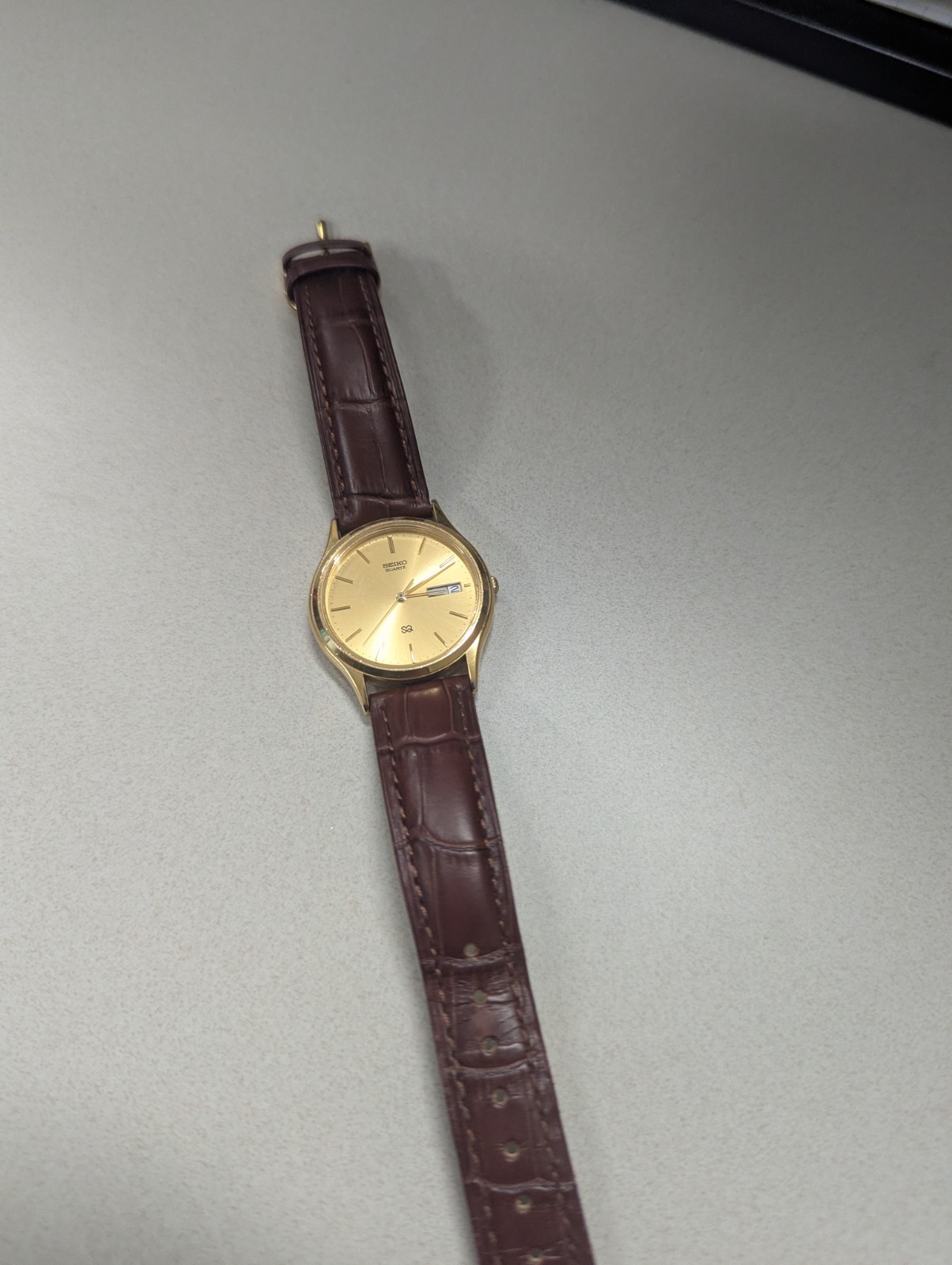 Seiko SQ Watch Men 34mm Gold Dial Gold Tone Daydate Round 5Y23-7079 New Battery