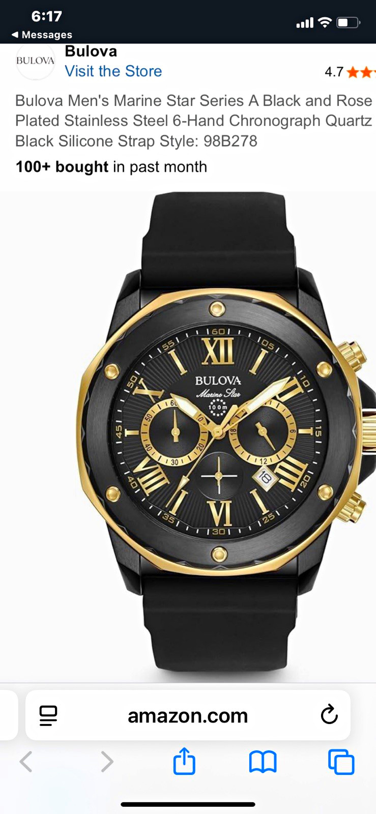 Bulova Marine Star Men’s Quartz Chronograph Date 100m Black/Rose Gold 44mm