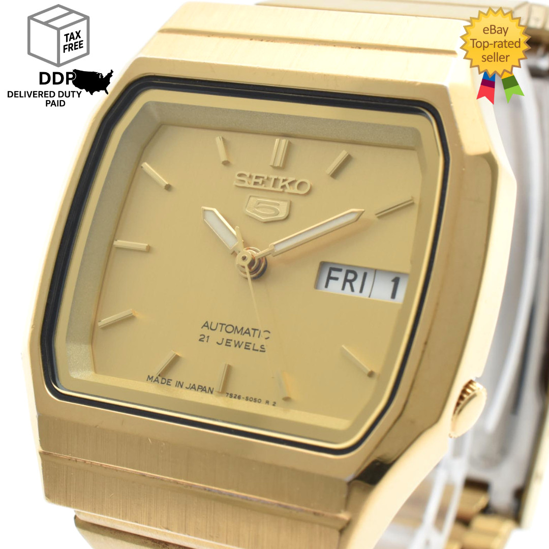 Vintage [Near MINT] SEIKO 5 7S26-00R0 Gold Dial Auto 21J Unisex 35mm Watch JAPAN