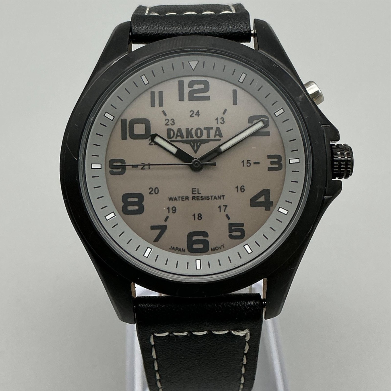 Dakota Mens Watch 42mm Gray Dial Black Case Leather Band Backlight New Battery