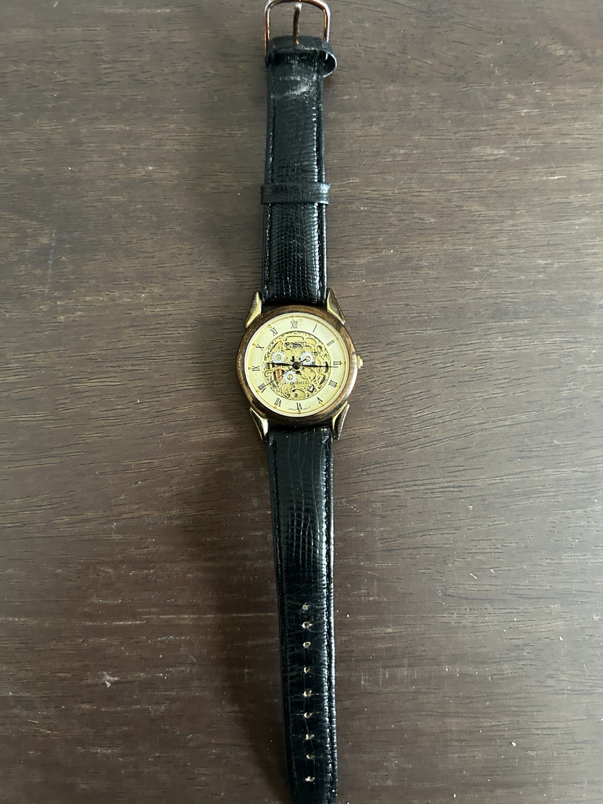 Vintage Fossil Skeleton Dial Quartz Watch Gold Tone Black Leather Band