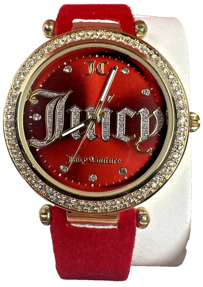 Juicy Couture Red Crystal Logo Watch Gold Tone Velvet Band w Box Y2K