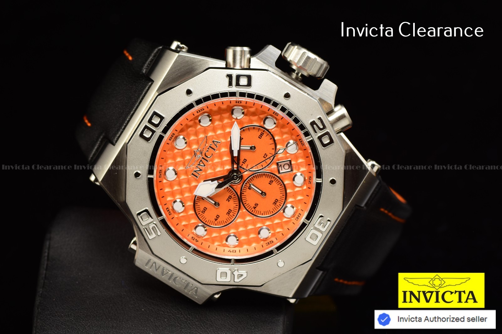 Invicta Men’s AKULA 58mm Chrono Quartz Orange Dial Black Leather 300m Watch