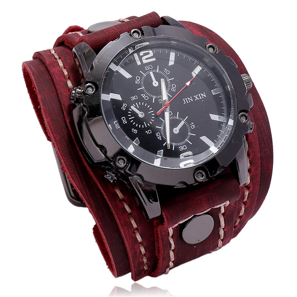 Black Brown Blue Men Pointer Quartz Watch Genuine Leather Strap Bracelet Vintage