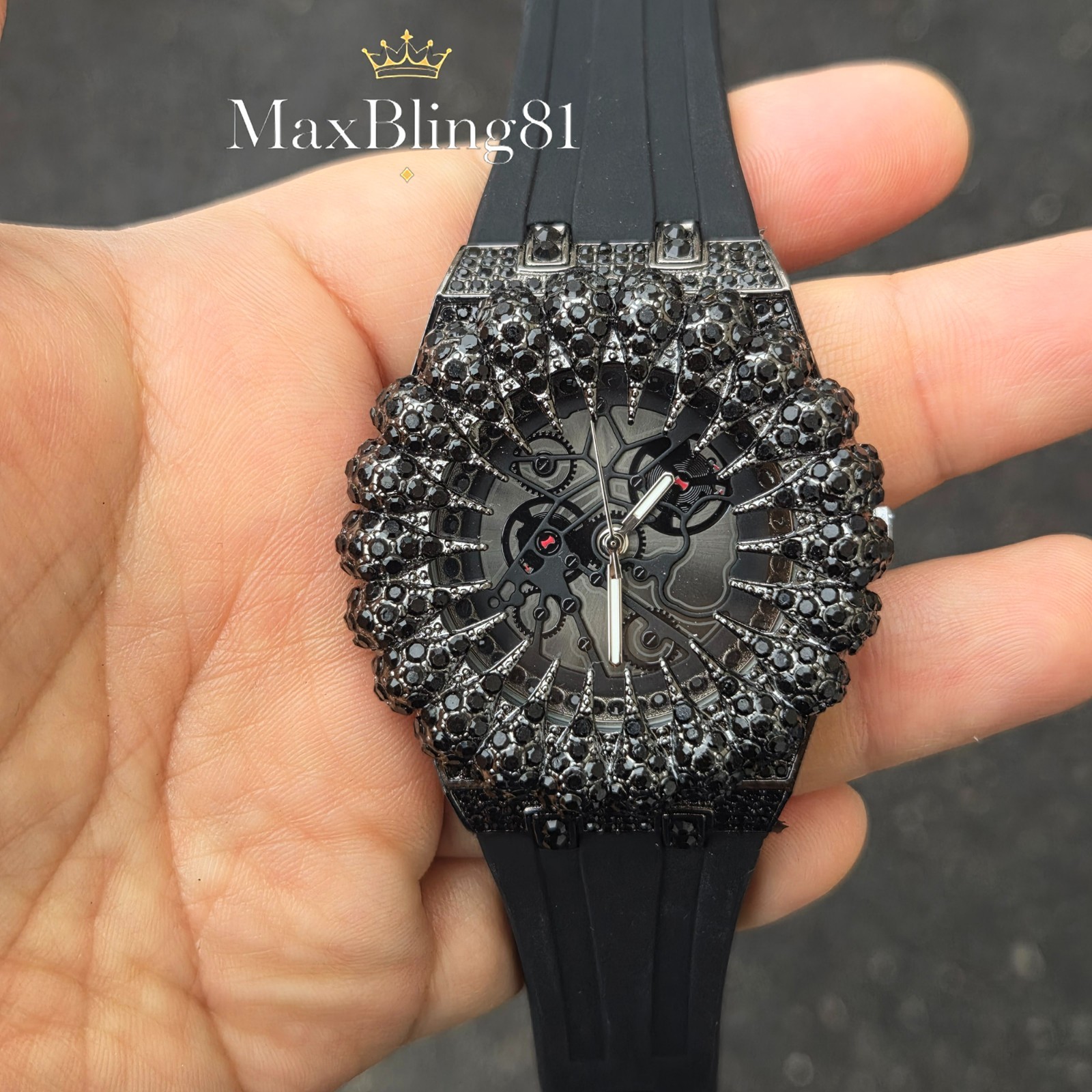 Men’s Black Watch Monster Teeth Design Iced Out CZ Silicone Band Silicone Band