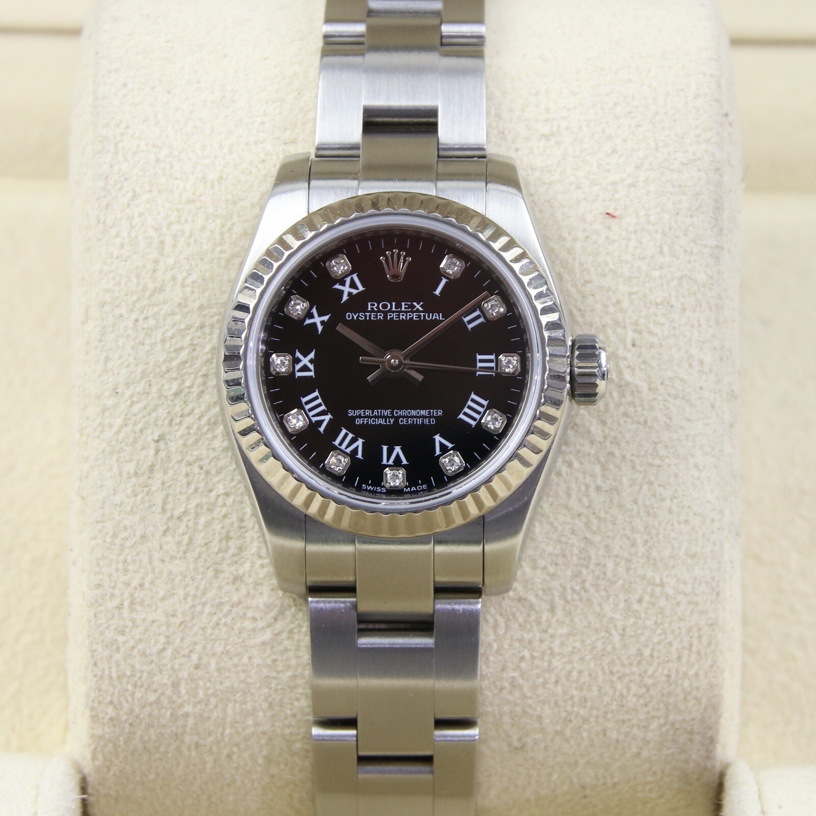 Rolex Oyster Perpetual Ladies 26mm Steel 18k W/G Watch 176234 Black Diamond Dial