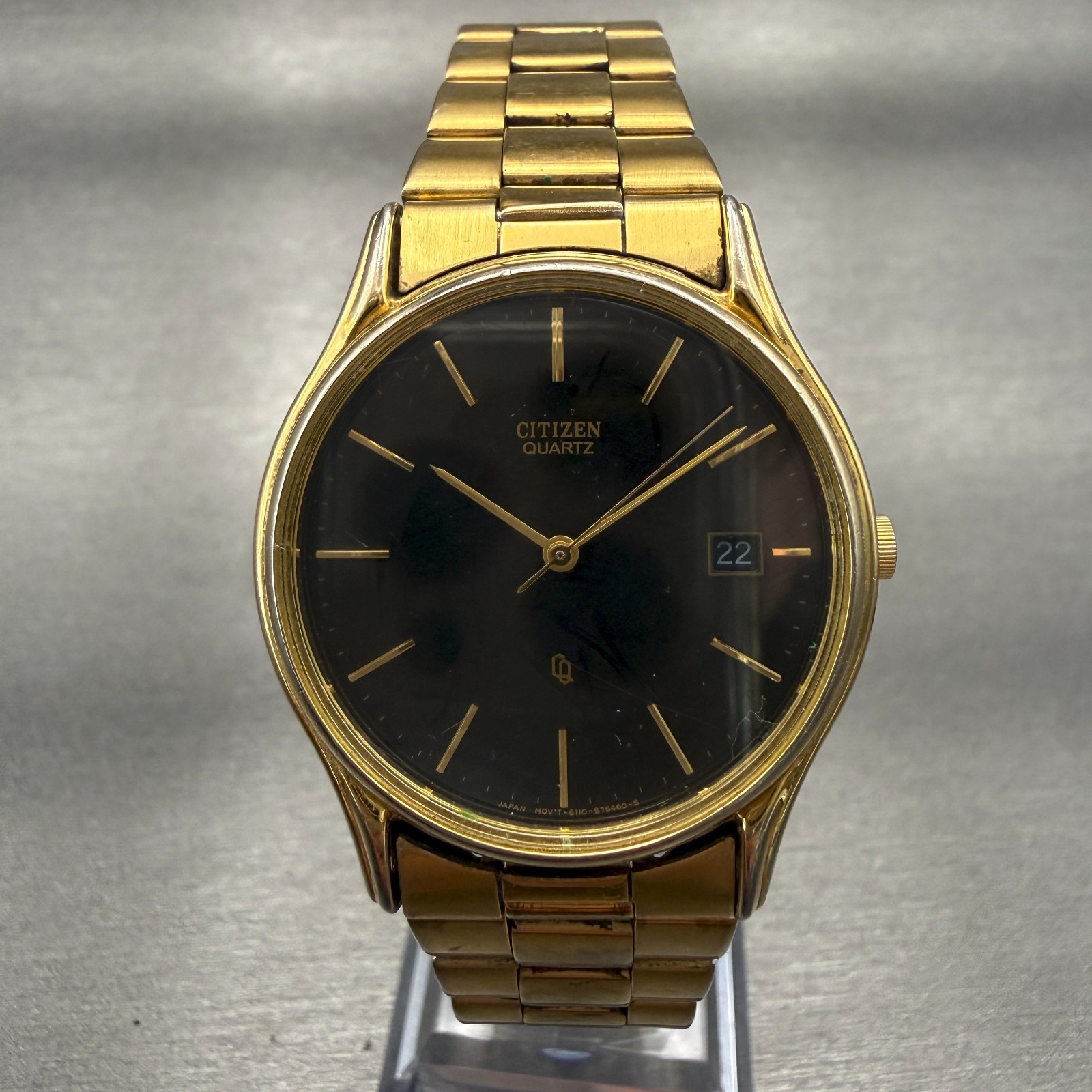 Citizen CQ Watch Men 24mm Black Dial Gold Tone Date Round 6110-S28146 New Batt