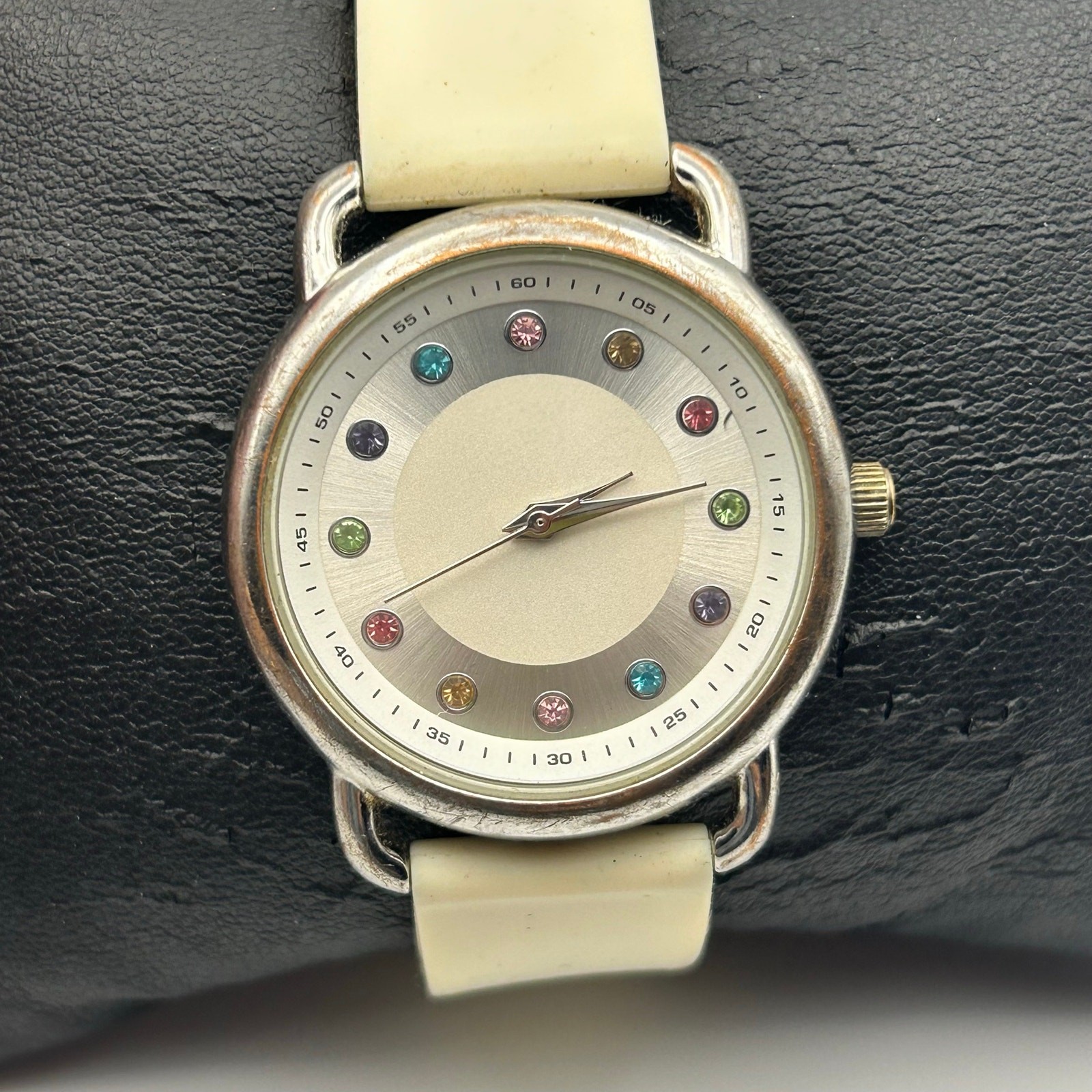 FMD Silver-tone Multi-colored Crystal Dial White Silicon Band Watch New Battery