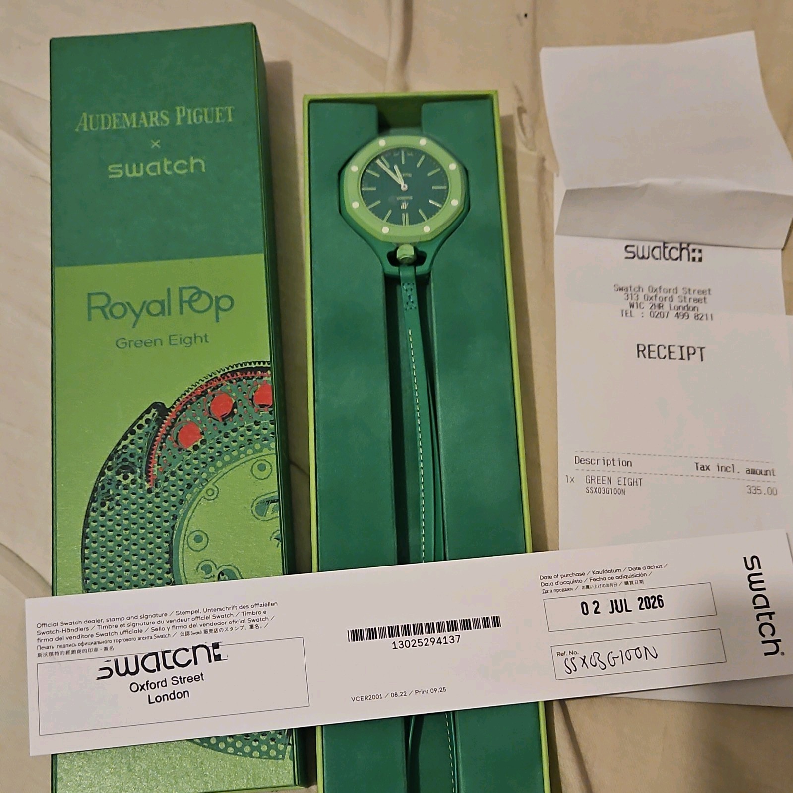 Authentic ✅ AP x Swatch – Royal Pop – Green Eight – NEW WITH BOX AND RECI PAPERS