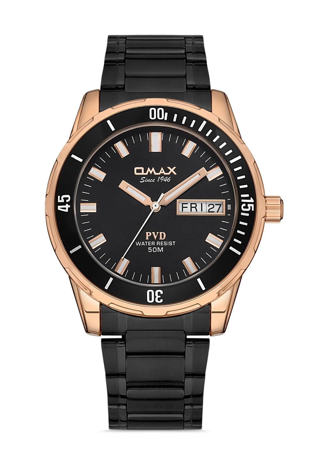 OMAX MEN’S WATCH SEIKO MOVMT, CHRON, ROSEGOLD PLTD, BLACK DIAL & BELT WATERRSINT