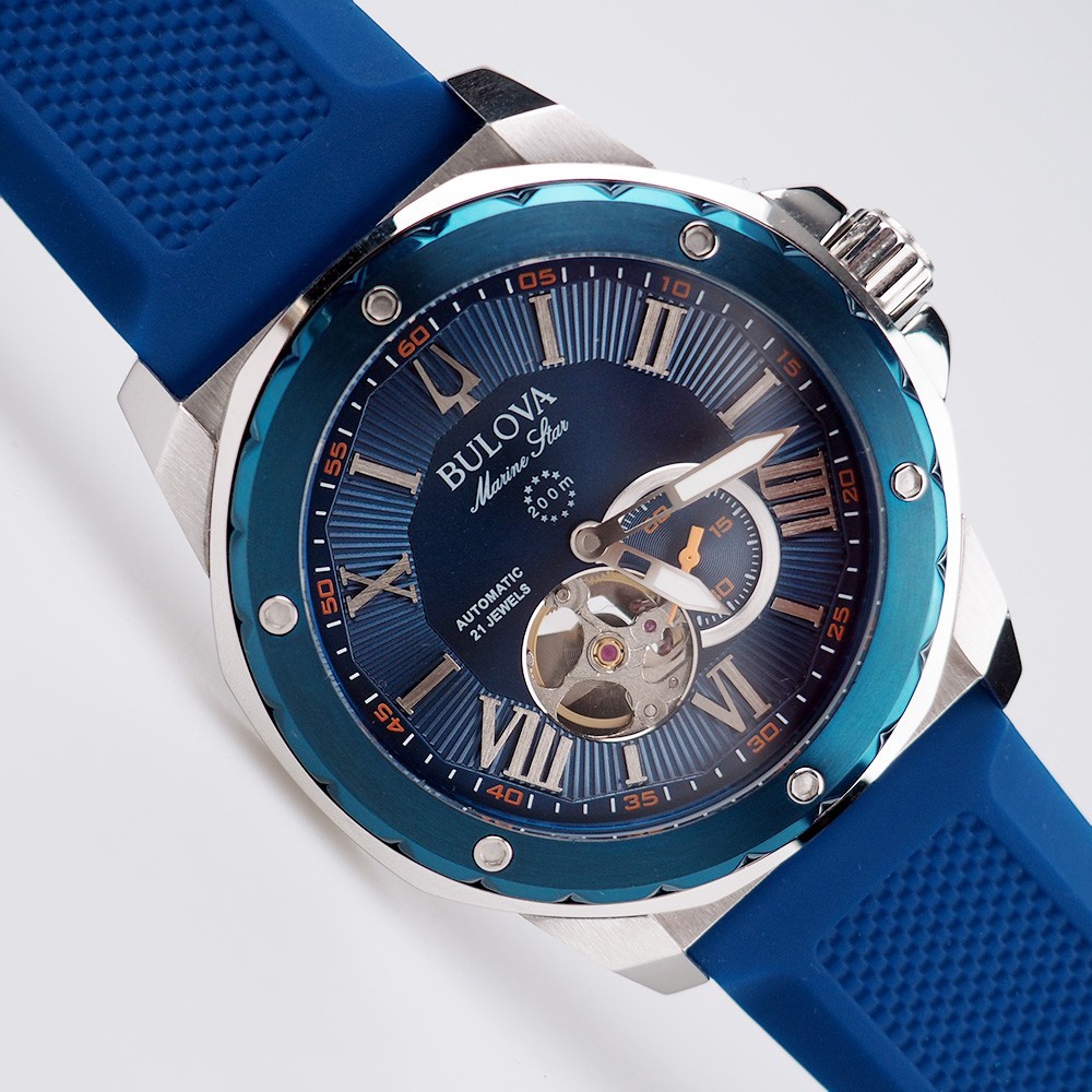 Bulova Marine Star Automatic Watch 98A303 Blue Dial Rubber Strap Men’s Watch