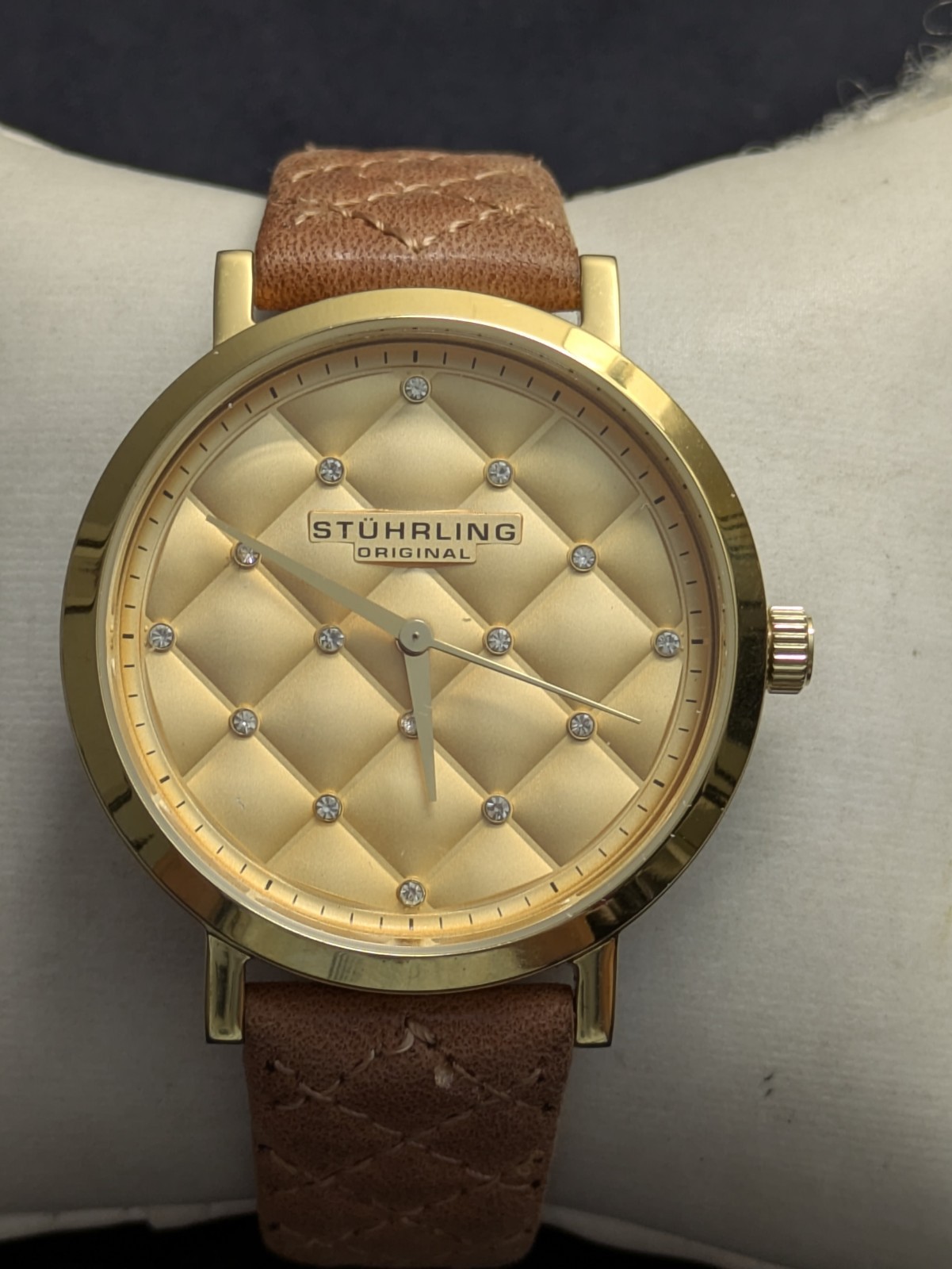 Stuhrling Men’s Watch Audrey YG SS 7.7″ Brown Leather Crystal 39mm New Btry