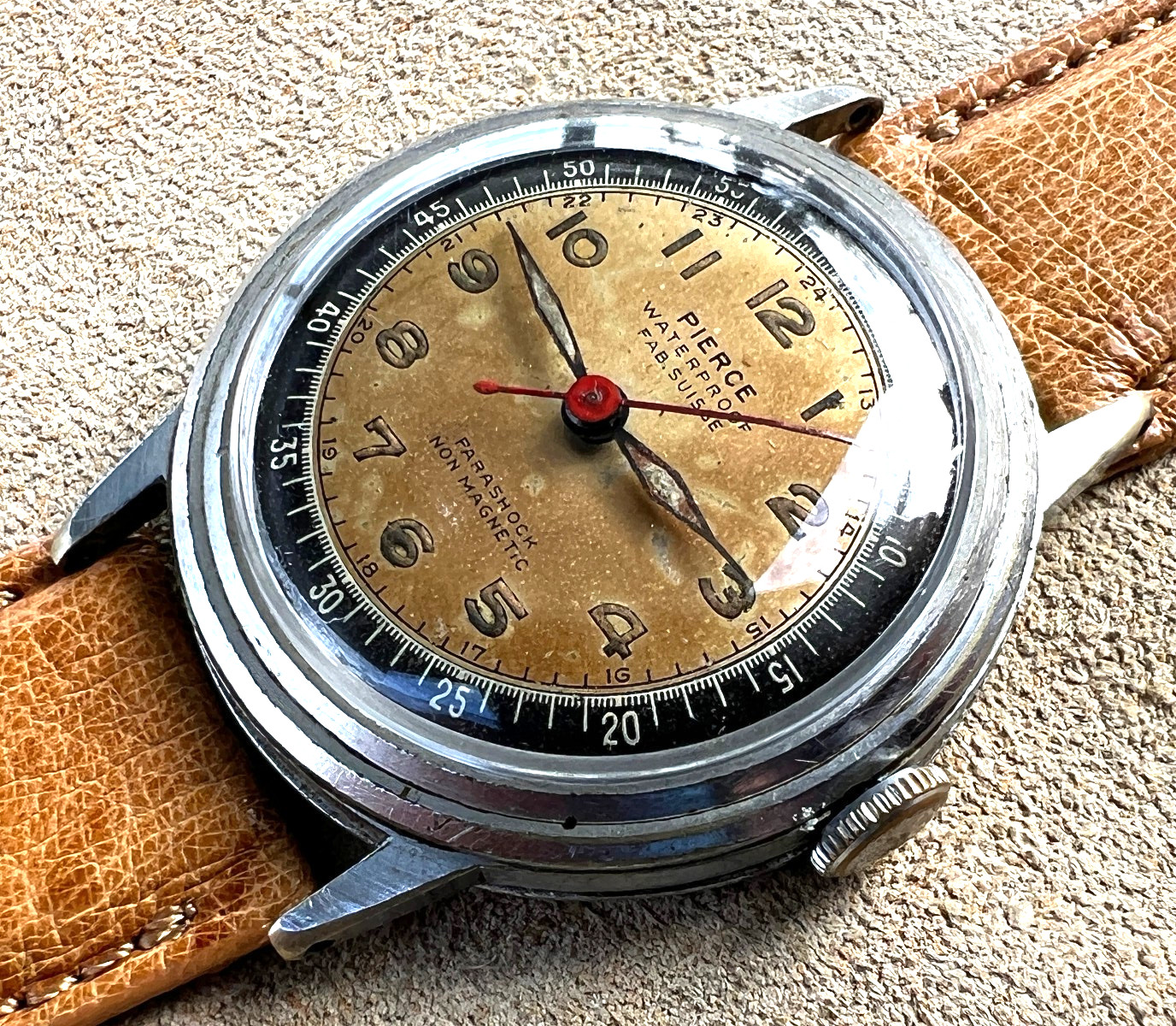 Vintage Pierce WW2 military era wristwatch mechanical 40’s tropical patina Works