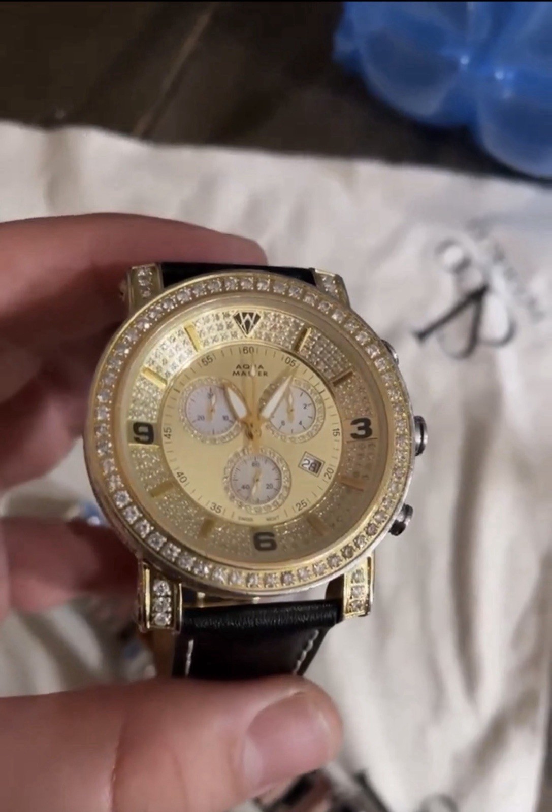 Aqua Master Men’s Quartz Chronograph Date Gold Dial 48mm Black Leather Diamond