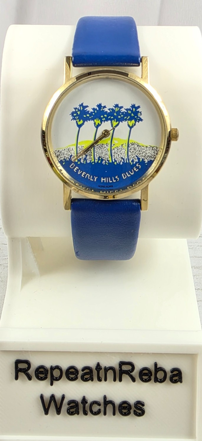 Beverly Hills Blues Vintage Numberless Watch, Decorative Face w/Leather Band VTG