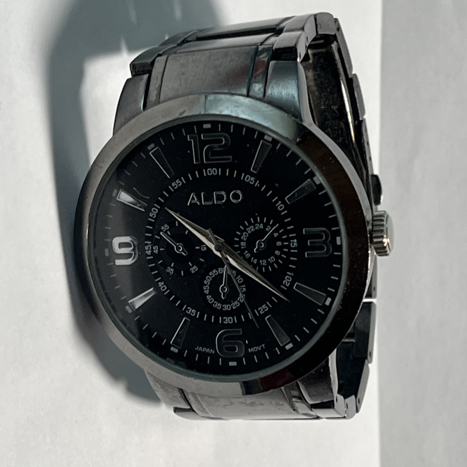 Aldo Men’s Black Chrome Stainless Bracelet Watch Lrg. Face Japan Movement #1210