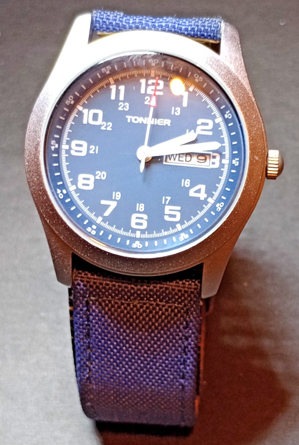 Tonnier FS-619 Quartz Field Watch Day Date 24hr Dial Japan Movt (by lingual)