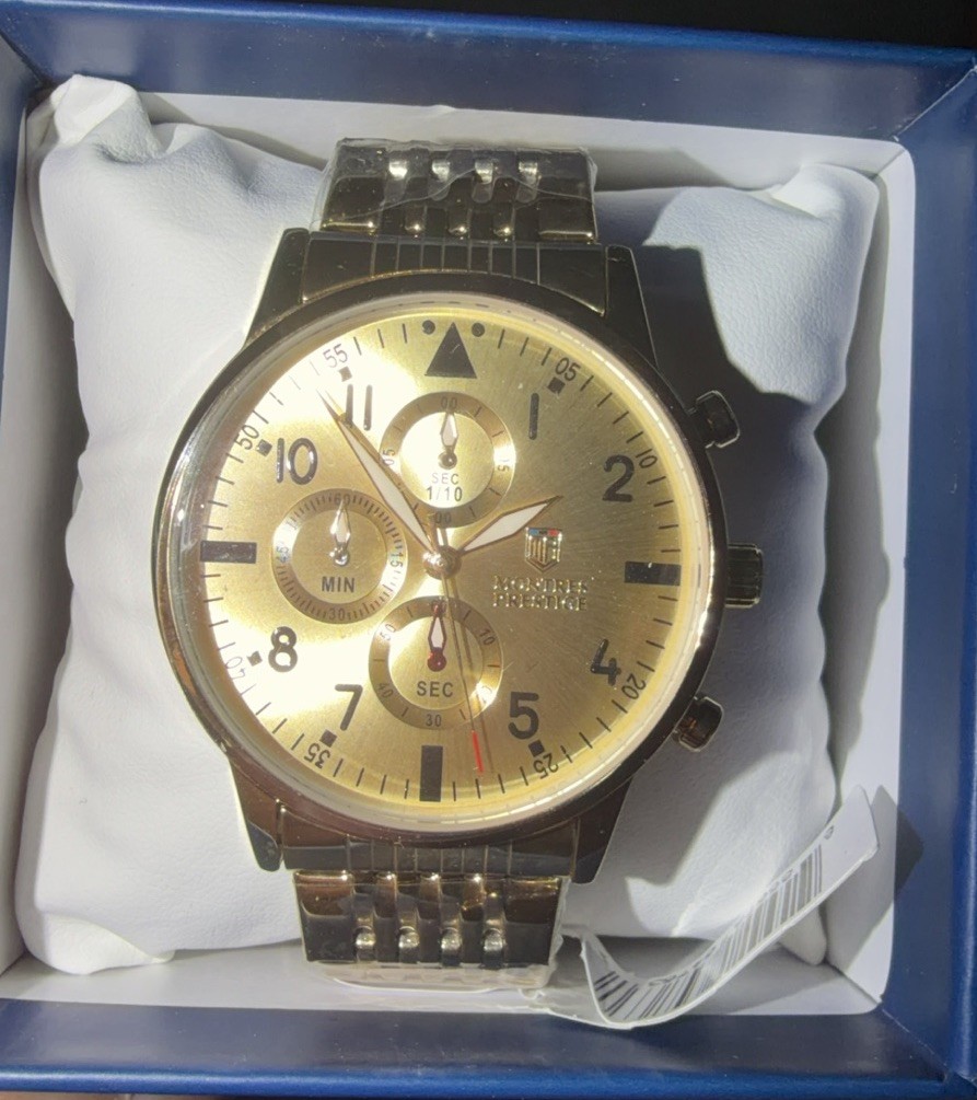 Montres Prestige Men’s Quartz Chronograph Gold Tone Analog Watch, Bracelet, Box