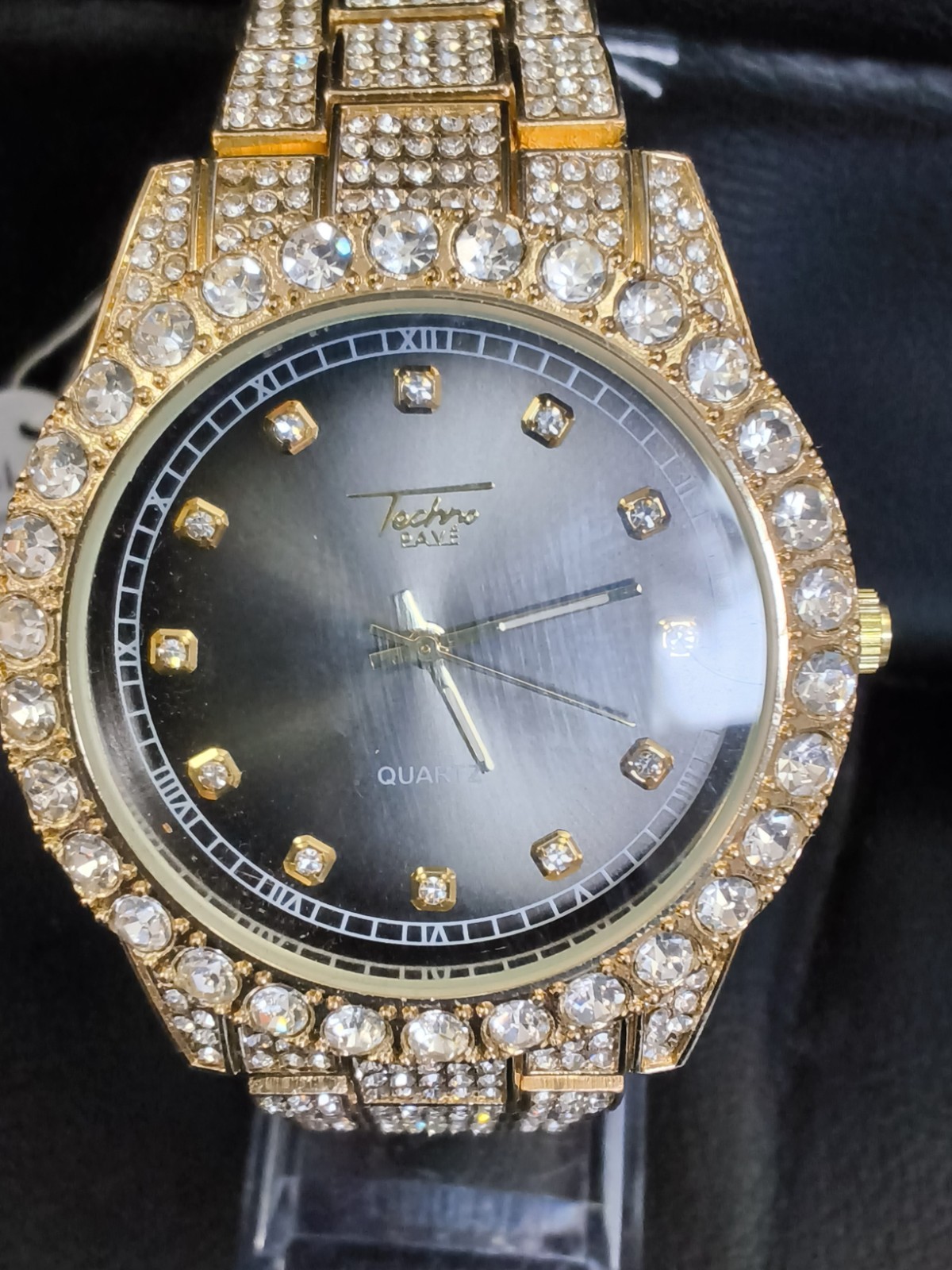 Techno Pave Gold Tone Iced Out Gray Dial Crystal Men’s Quartz Watch…