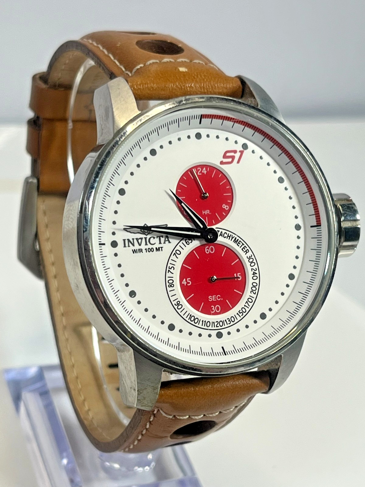 Invicta 16018 S1 Rally 48mm, 24hour, sub second, White Red Dial Tan band Red Box