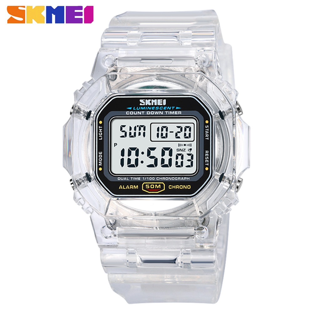 2025 SKMEI Men’s LED Digital Sport Watch Transparent Silicone Band Wristwatch