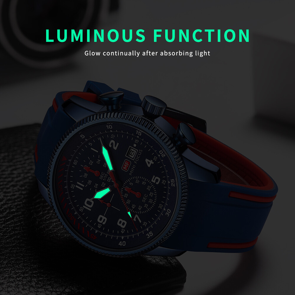 MINI FOCUS Men Quartz Watch Chronograph Wristwatch Luminous Silicone Males Watch