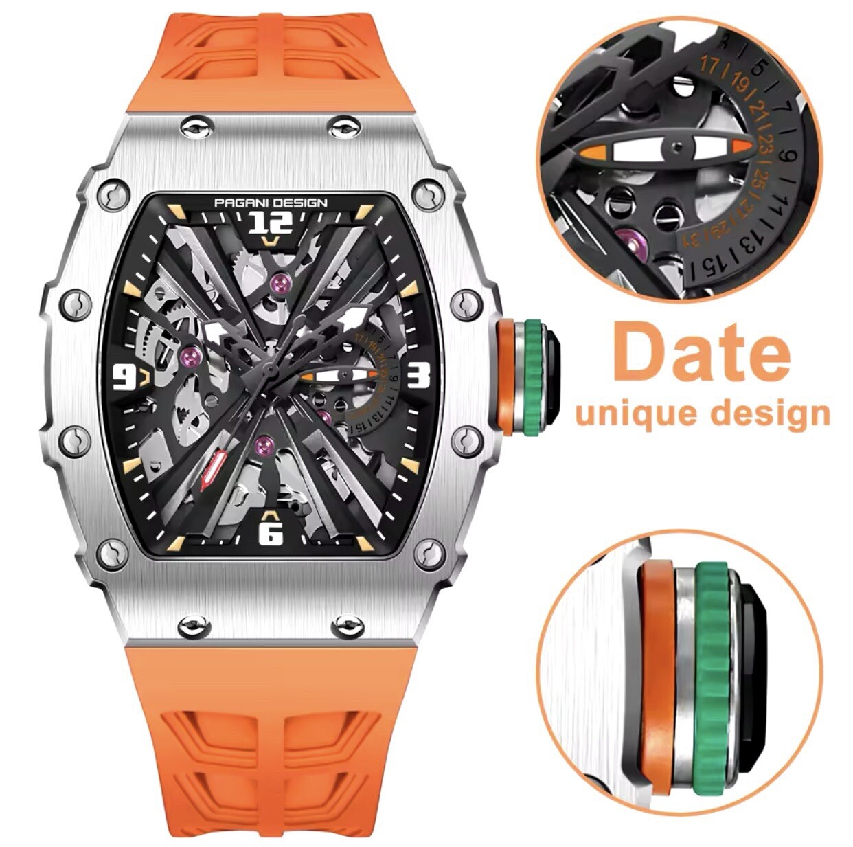 PAGANI DESIGN 2024 Men’s Quartz Watches Skeleton Stainless Steel Sports Orange