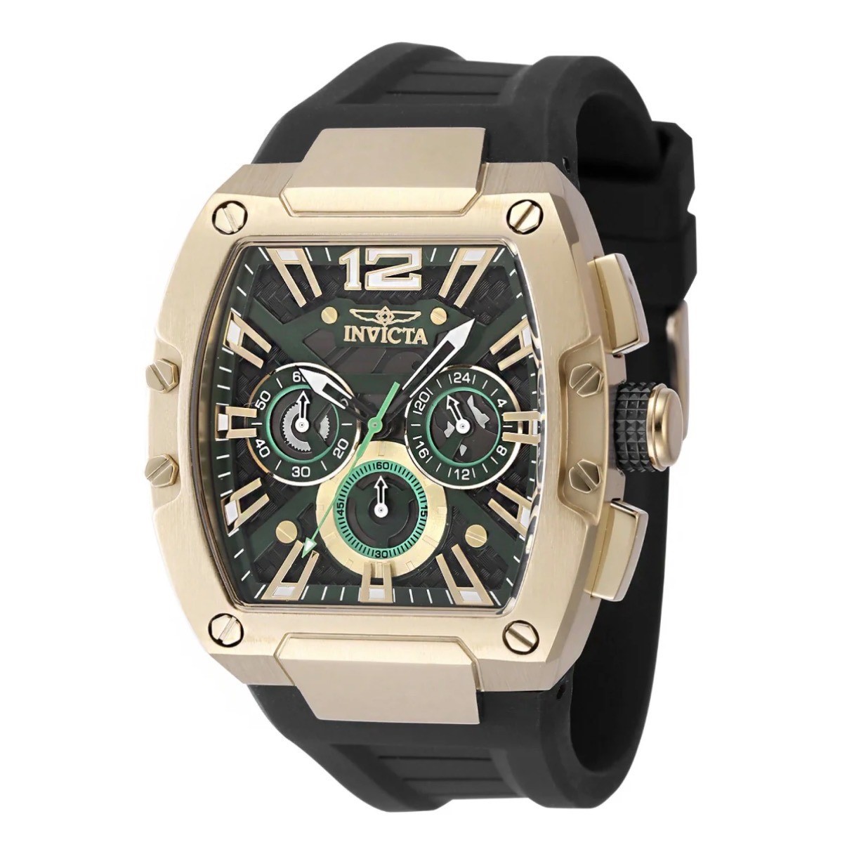 Invicta Racing Mens Chronograph Gold Tone Green Dial Black Silicone Watch