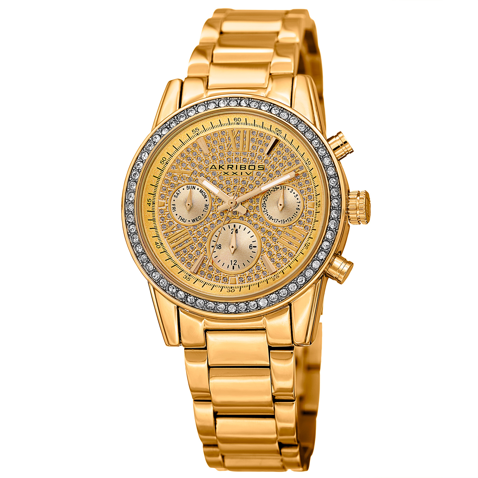 Women’s Akribos XXIV AK926YG Multi-Function Pave Dial Gold Steel Bracelet Watch