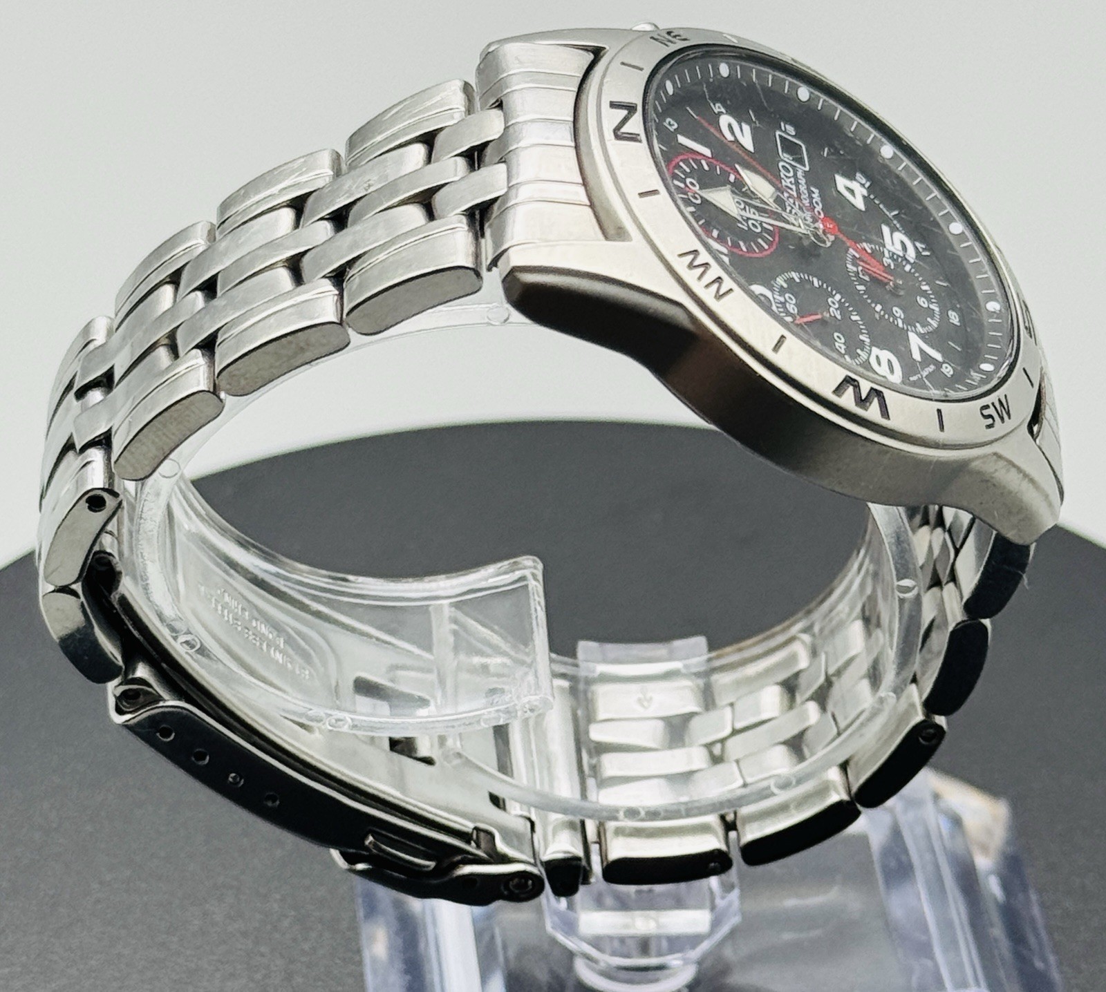 Seiko Watch Chronograph Black Dial Compass Bezel 100M Stainless Steel SND375P1