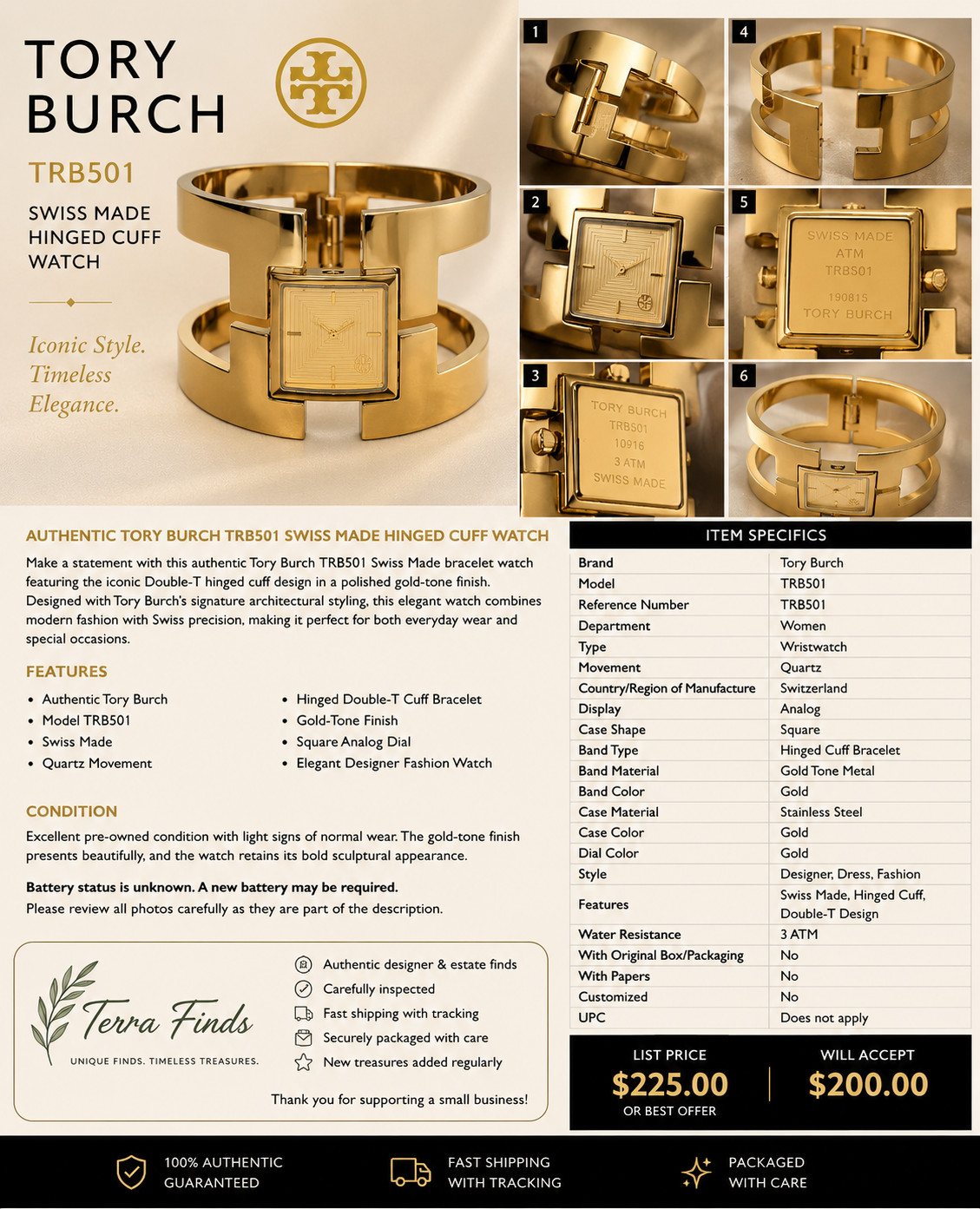 Tory Burch TRB501 Swiss Made Gold Tone Hinged Cuff Bracelet Watch Women’s