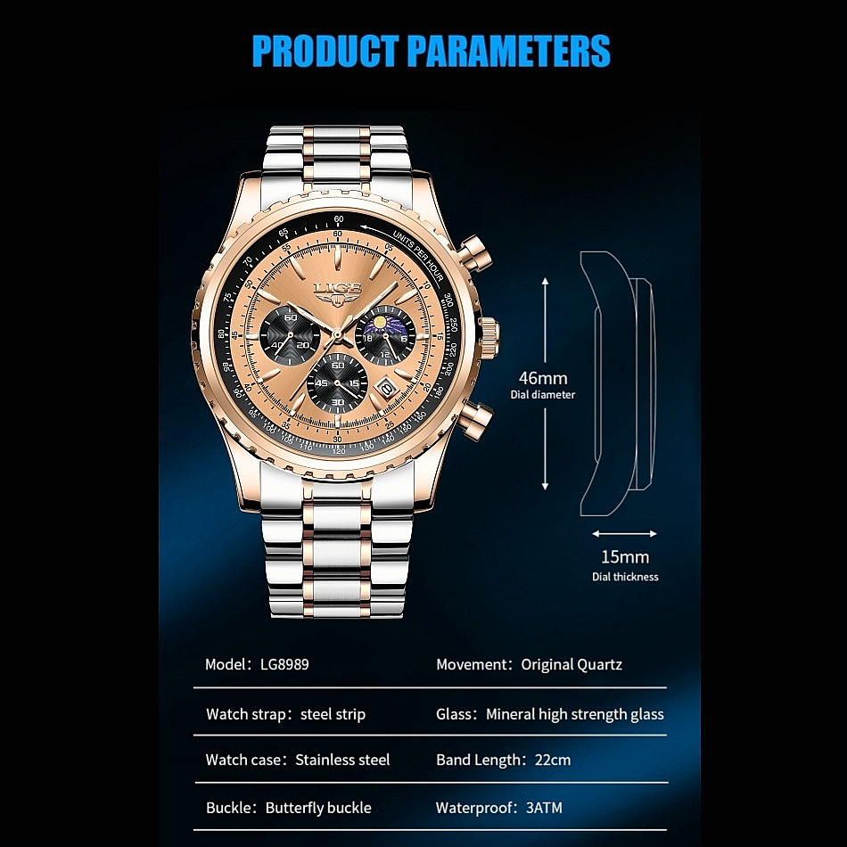 LIGE Men Watch Quartz Date Moon Phase Chronograph 3ATM Waterproof Man Wristwatch