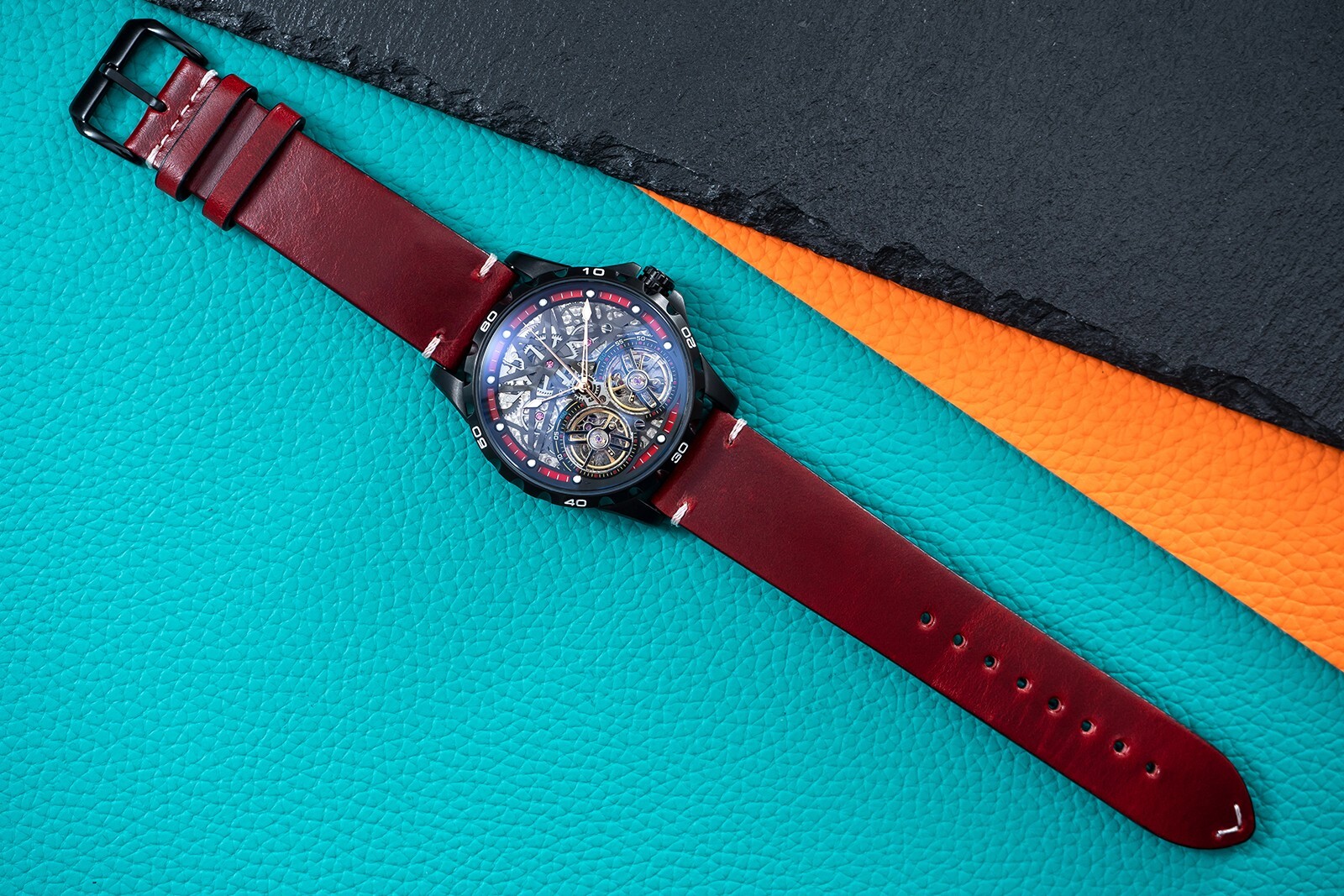 Mens Black Double Flywheel Automatic Mechanical Watch Oil Waxed Dark Red Leather