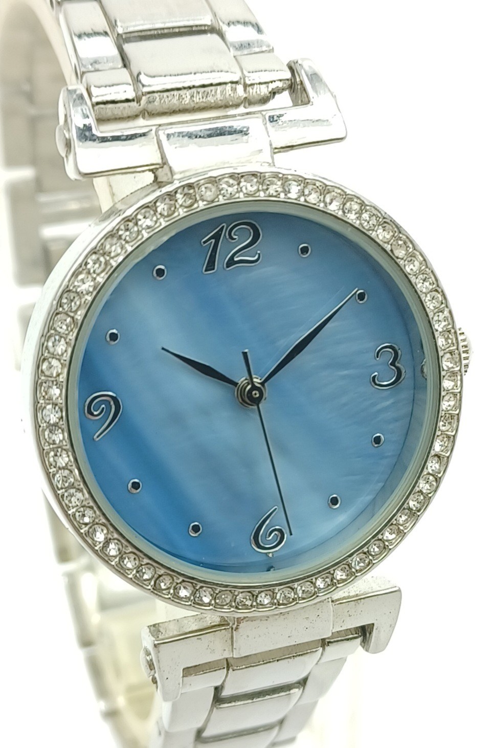 Silver Tone Blue Dial Crystal Bezel Bracelet Womens Watch New Battery ✔️